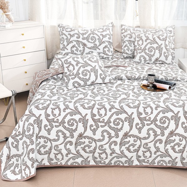 Cuvertura Pat Dublu, Bumbac cu In, Model Brodat Direct în Tesatura, 230x250 cm, 2 fete de perna 52x72cm, 2 fete de perna 46x46cm, Alb, Maro, Model Elegant [1]