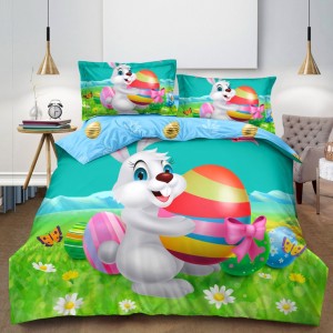 Lenjerie de Pat Dublu, Finet, Imprimeu Digital, 4 Piese, Bleu, Verde, Iepuraș cu Ou Încondeiat Lenjerie de Pat Dublu, Finet, Imprimeu Digital, 4 Piese, Bleu, Verde, Iepuraș cu Ou Încondeiat