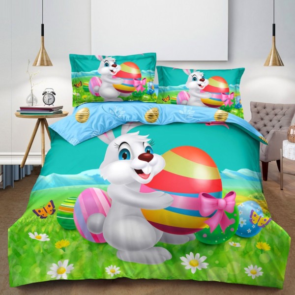 Lenjerie de Pat Dublu,  Finet, Imprimeu Digital, 4 Piese, Bleu, Verde, Iepuraș cu Ou Încondeiat  [1]