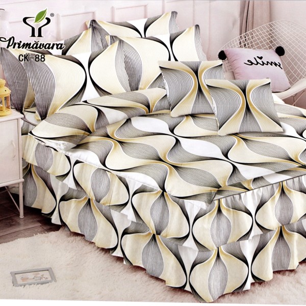 Lenjerie Premium Pat Dublu  FINET, 6 Piese – Volanase Sofisticate, Fixare Perfecta cu Elastic, Bej, Gri, Clepsidra [1]