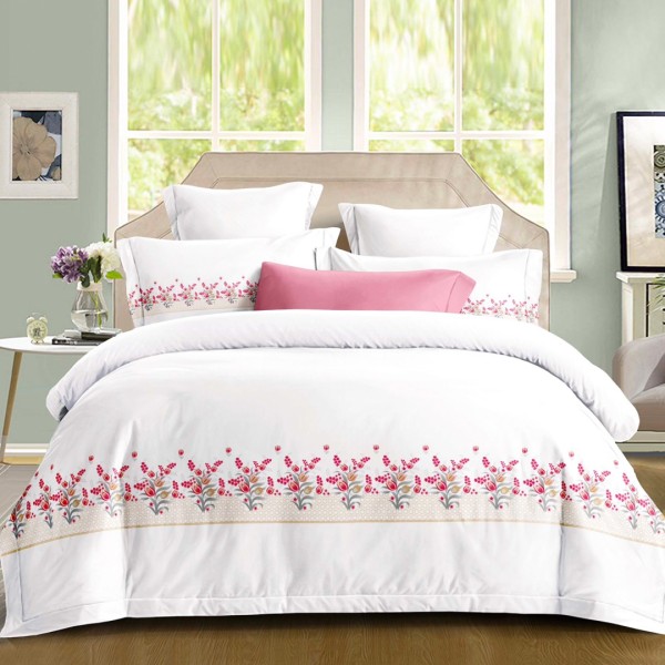 Lenjerie pat dublu, Primăvara,  FINET, Cearsaf cu Elastic 180x200cm, 4 piese, Alb, Roz, Flori - Lux Absolut, Delicatețe și Eleganță Desăvârșită [1]
