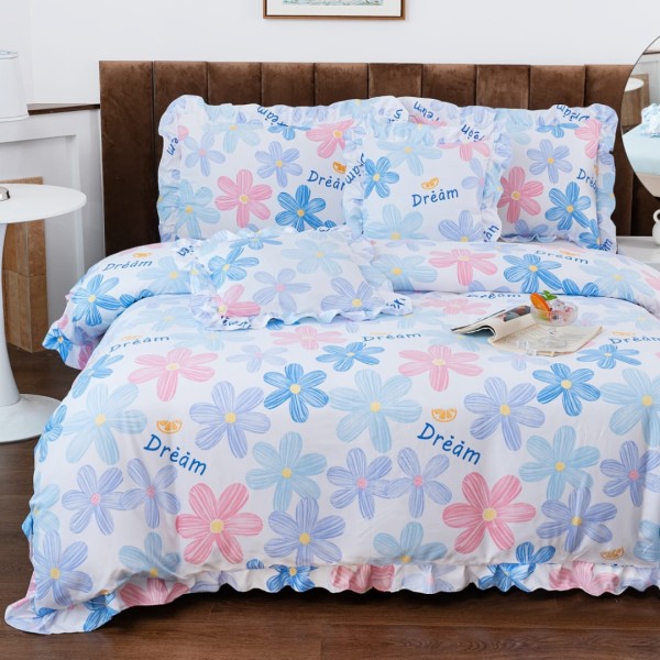 Lenjerie pat dublu,  Finet cu Volanase, CEARSAF CU ELASTIC, 6 piese, Alb, Flori Bleu [1]