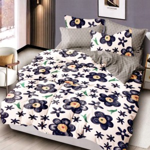 Lenjerie pat dublu, bumbac satinat, cu doua feţe, 4 piese,  Alb, Bleumarin, Flori Lenjerie pat dublu, bumbac satinat, cu doua feţe, 4 piese,  Alb, Bleumarin, Flori