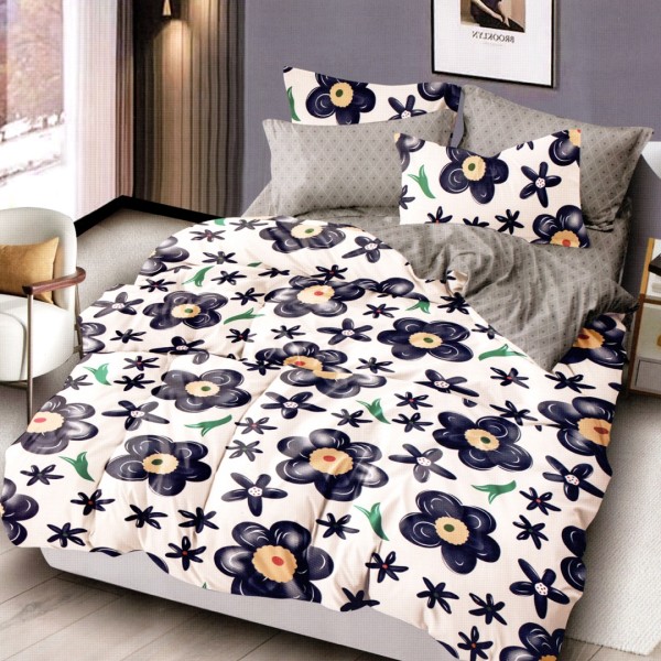 Lenjerie pat dublu, bumbac satinat, cu doua feţe, 4 piese,  Alb, Bleumarin, Flori [1]