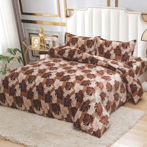 Lenjerie pat dublu, Super Pufoasa COCOLINO,cu ELASTIC, 4 piese, Maro, Frunze