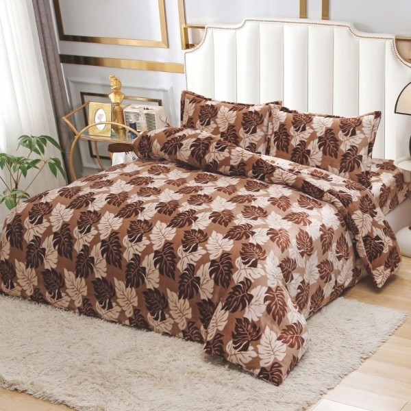 Lenjerie pat dublu, Super Pufoasa COCOLINO,cu ELASTIC, 4 piese, Maro, Frunze [1]