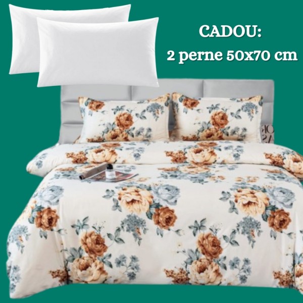 Lenjerie de Pat 4 Piese din Bumbac Satinat cu Cearsaf cu Elastic + 2 Perne Cadou 50x70 cm, cod INS-LSG162 [1]