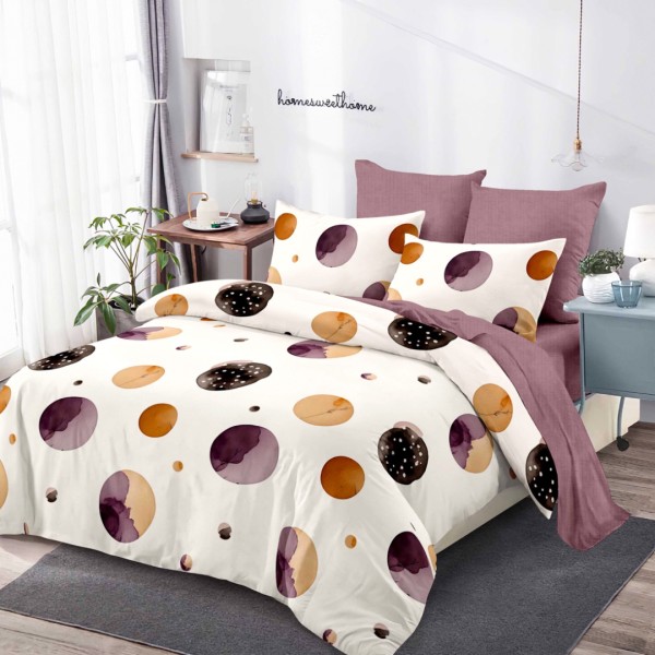 Lenjerie pat dublu,  FINET, cu elastic, 6 piese, Crem, Violet, Planete [1]