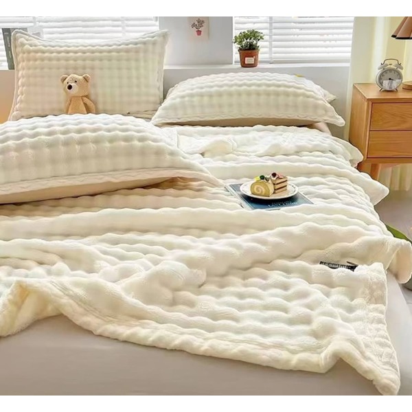 Patura Premium, Blanita Artificiala Fina, 200x230cm + 2 Fete de Perna 52x78cm, cu Bordura din Blanita Contrastanta – Confort si Eleganta în Fiecare Detaliu, Ivoire [1]