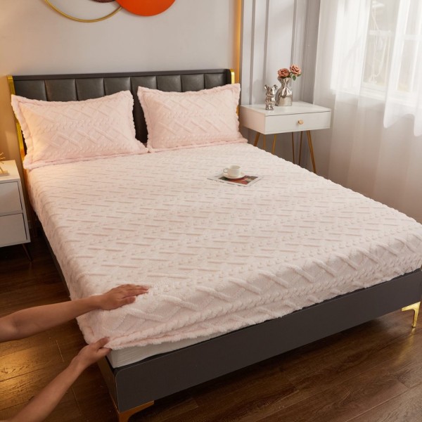Cearșaf cu Elastic Cocolino, Model 3D Tricotat, 180x200x25 cm – Set cu 2 Fețe de Pernă, Gros și Pufos, Rozaliu [1]