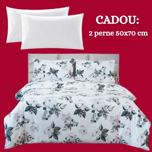 Lenjerie de Pat 4 Piese din Bumbac Satinat cu Cearsaf cu Elastic + 2 Perne Cadou 50x70 cm, cod INS-LSG500 [1]