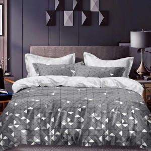 Lenjerie pat dublu (140x200cm, 160x200cm, 180x200cm), bumbac satinat, cearsaf clasic, 4 piese,  Gri, forme geometrice Lenjerie pat dublu (140x200cm, 160x200cm, 180x200cm), bumbac satinat, cearsaf clasic, 4 piese,  Gri, forme geometrice