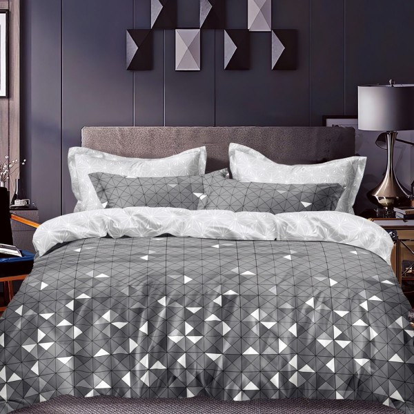 Lenjerie pat dublu (140x200cm, 160x200cm, 180x200cm), bumbac satinat, cearsaf clasic, 4 piese,  Gri, forme geometrice [1]