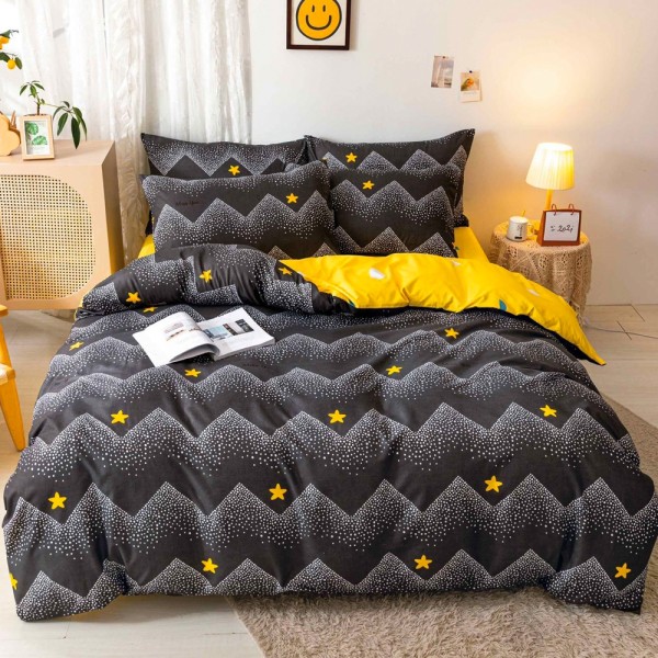 Lenjerie pat dublu (140x200cm, 160x200cm, 180x200cm), bumbac satinat, cearsaf clasic, 4 piese,  Negru, Galben, stelute [1]