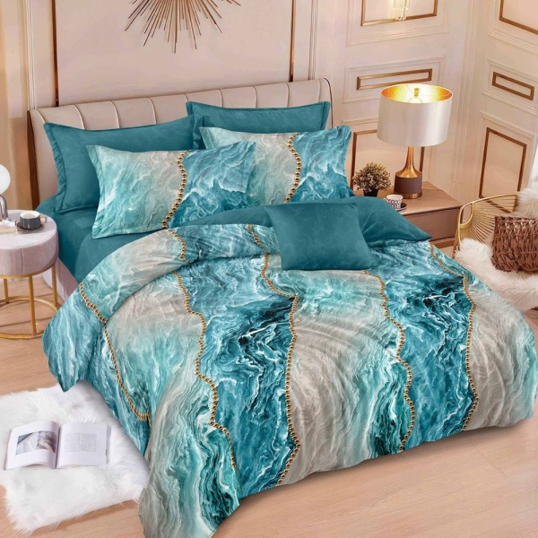Lenjerie pat dublu (160x200cm, 180x200cm),  FINET, 6 piese, cu ELASTIC, Albastru Aqua, valuri abstracte, perle [1]