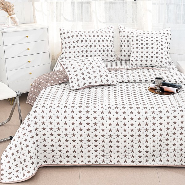 Cuvertura Pat Dublu, Bumbac cu In, Model Brodat Direct în Tesatura, 230x250 cm, 2 fete de perna 52x72cm, 2 fete de perna 46x46cm, Alb, Maro, Stelute [1]