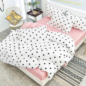 Lenjerie pat dublu cu Elastic, bumbac satinat, Alb, Roz, buline