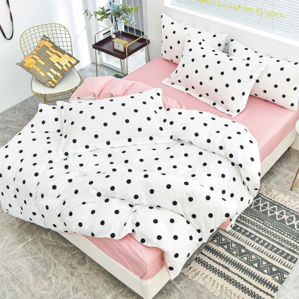 Lenjerie pat dublu cu Elastic (160x200cm si 180x200cm), bumbac satinat, Alb, Roz, buline [1]