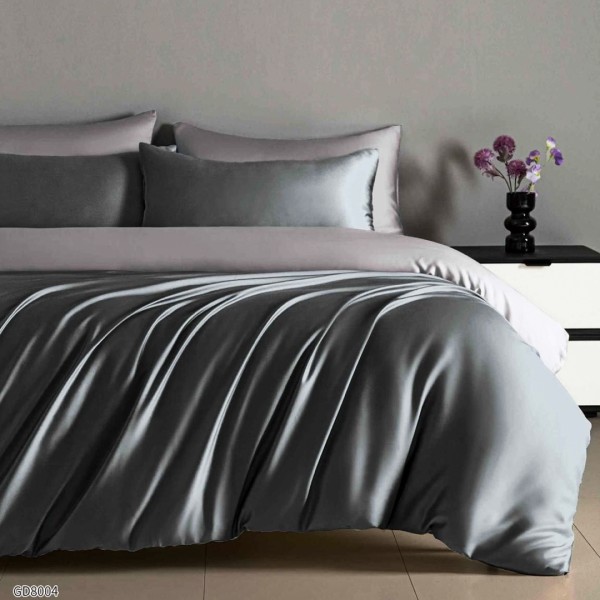 Lenjerie de Pat din Satin Extra Fin, Pat Dublu, 4 Piese, cu ELASTIC, Bicolor, Gri – Rafinament și Lux la Superlativ [1]