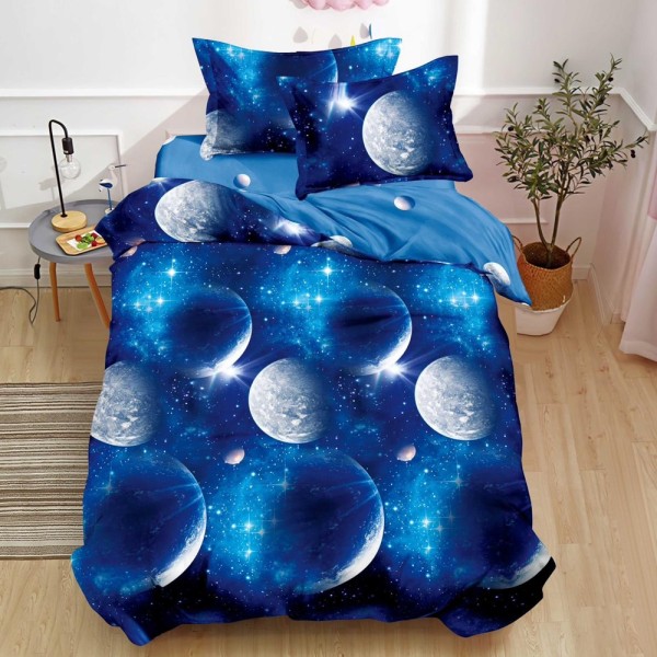 Lenjerie pat 1 PERSOANA, FINET, 4 piese, Albastru, planete, spatiul cosmic [1]
