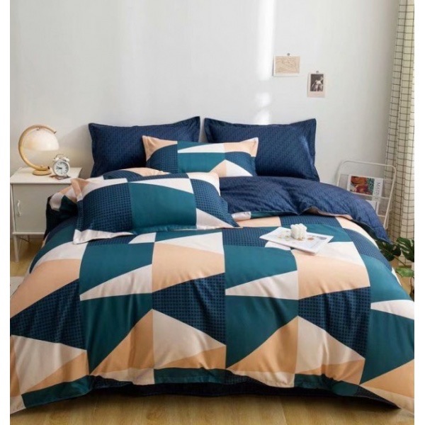 Lenjerie pat dublu, bumbac satinat, cu doua feţe, 4 piese,  Bej, Turquoise, forme geometrice [1]