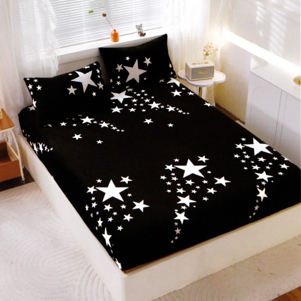 Cearsaf cu Elastic Cocolino 180x200x25 cm – Set cu 2 Fete de Perna, Gros si Pufos, Calitate Premium pentru Confort si Eleganta, Negru, Alb, Stelute [1]