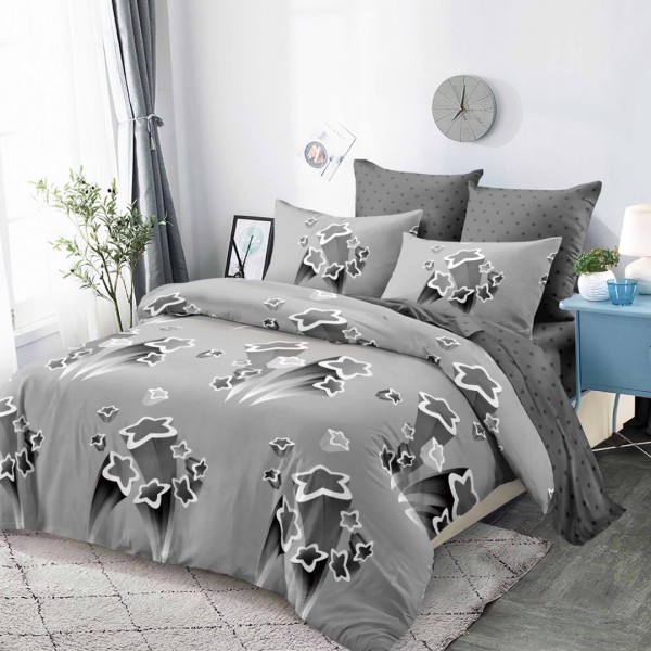 Lenjerie pat dublu,  FINET, cu elastic, 6 piese, Gri, Stelute [1]