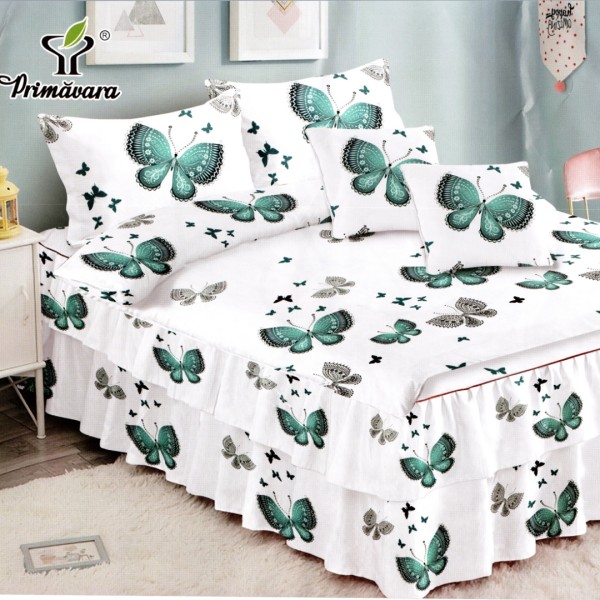 Lenjerie Premium Pat Dublu  FINET, 6 Piese – Volanase Sofisticate, Fixare Perfecta cu Elastic, Alb, Verde, Fluturi [1]