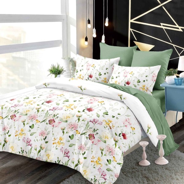 Lenjerie pat dublu,  FINET, cu elastic, 6 piese, Alb, Verde, Flori [1]