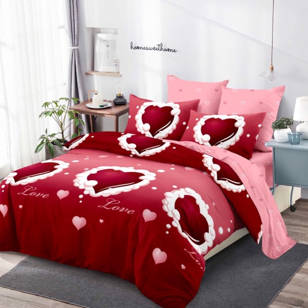 Lenjerie pat dublu,  FINET, cu elastic, 6 piese, Rosu, Roz, Inimioare [1]