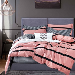 Lenjerie pat dublu cu Elastic, bumbac satinat, Roz, dungi