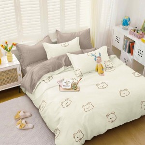 Lenjerie pat dublu (140x200cm, 160x200cm, 180x200cm), bumbac satinat, cearsaf clasic, 4 piese,  Crem, ursuleti Lenjerie pat dublu (140x200cm, 160x200cm, 180x200cm), bumbac satinat, cearsaf clasic, 4 piese,  Crem, ursuleti