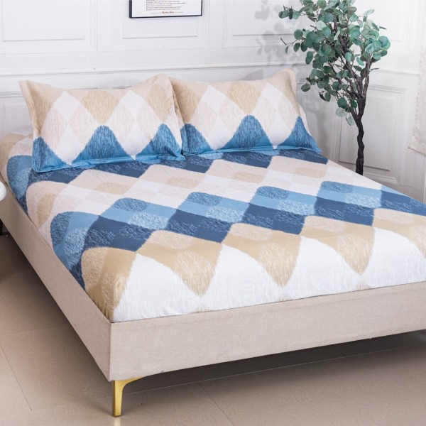 Cearsaf cu Elastic 180x200 cm + 2 Fete de Perna 50x70 cm, Bej, Albastru, Romburi [1]