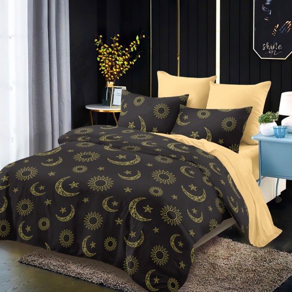 Lenjerie pat dublu,  FINET, cu elastic, 6 piese, Negru, Galben, Luna, Stele, Soare [1]