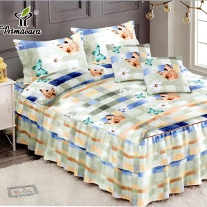 Lenjerie Premium Pat Dublu  FINET, 6 Piese – Volanase Sofisticate, Fixare Perfecta cu Elastic, Grej, Albastru, Dungi, Fluturi