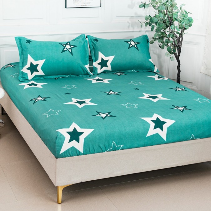 Cearșaf cu Elastic 180x200 cm + 2 Fețe de Pernă 50x70 cm – Bumbac Satinat Premium Turquoise Stelute