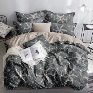 Lenjerie pat dublu (140x200cm, 160x200cm, 180x200cm), bumbac satinat, cearsaf clasic, 4 piese,  Gri, forme geometrice