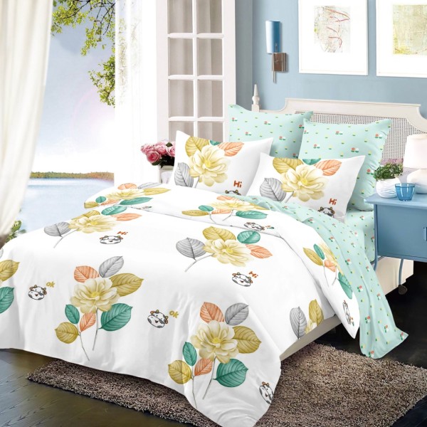 Lenjerie pat dublu,  FINET, cu elastic, 6 piese, Alb, Bleu, Flori [1]