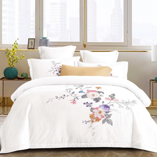 Lenjerie pat dublu, Primăvara,  FINET, Cearsaf cu Elastic 180x200cm, 4 piese, Alb, Roz, Flori - Lux Absolut, Delicatețe și Eleganță Desăvârșită [1]