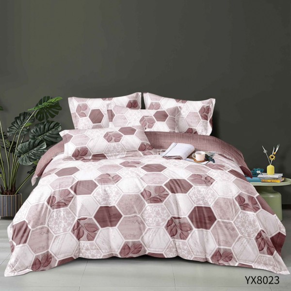 Lenjerie pat 140x200cm,  FINET, cu elastic, 4 piese, Alb, Violet, Faguri, Frunze [1]