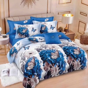 Lenjerie pat dublu (140x200cm, 160x200cm, 180x200cm),  FINET, 6 piese, Alb, Albastru, fluturi