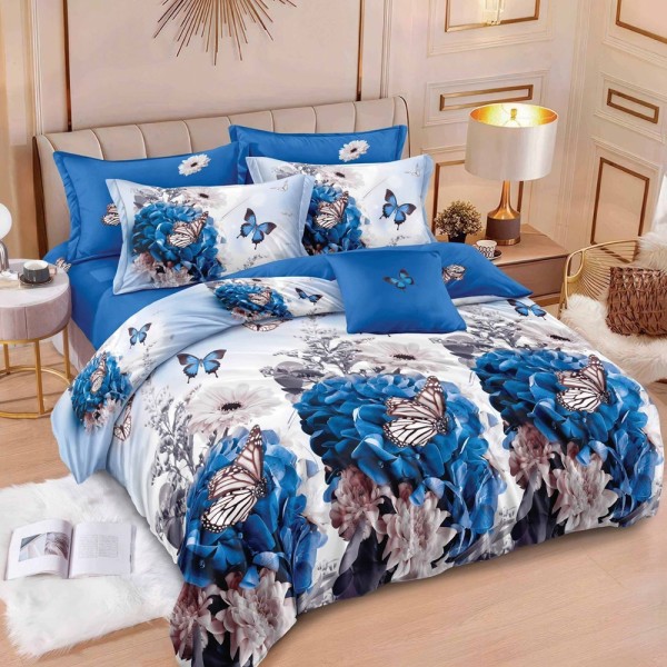 Lenjerie pat dublu (140x200cm, 160x200cm, 180x200cm),  FINET, 6 piese, Alb, Albastru, fluturi [1]