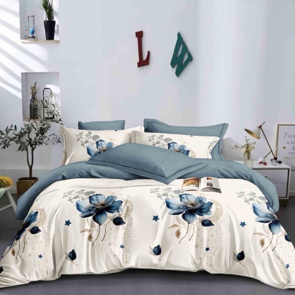 Lenjerie pat dublu (140x200cm, 160x200cm, 180x200cm), FINET, 6 piese, Crem, Albastru, flori [1]
