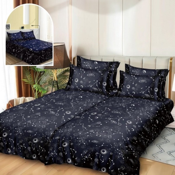 Lenjerie de Pat, 7 Piese, Bumbac Satinat Superior, cu 2 Pilote, Bleumarin, Galaxie [1]