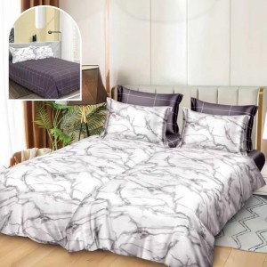 Lenjerie de Pat, 7 Piese, Bumbac Satinat Superior, cu 2 Pilote, Alb, Gri, Marble