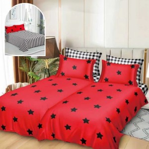 Lenjerie de Pat, 7 Piese, Bumbac Satinat Superior, cu 2 Pilote, Roșu, Stelute