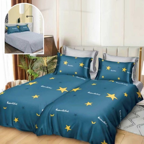 Lenjerie de Pat, 7 Piese, Bumbac Satinat Superior, cu 2 Pilote, Albastru, Stelute [1]