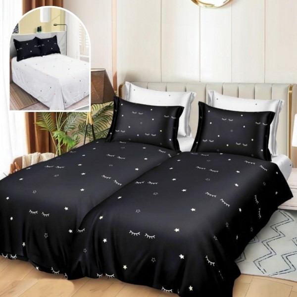 Lenjerie de Pat, 7 Piese, Bumbac Satinat Superior, cu 2 Pilote, Negru, Gene [1]