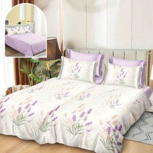 Lenjerie de Pat, 7 Piese, Bumbac Satinat Superior, cu 2 Pilote, Crem, Lila, Flori