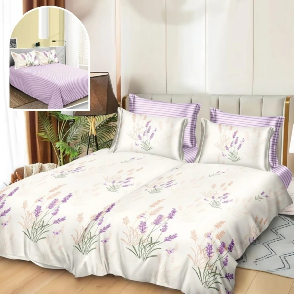 Lenjerie de Pat, 7 Piese, Bumbac Satinat Superior, cu 2 Pilote, Crem, Lila, Flori [1]